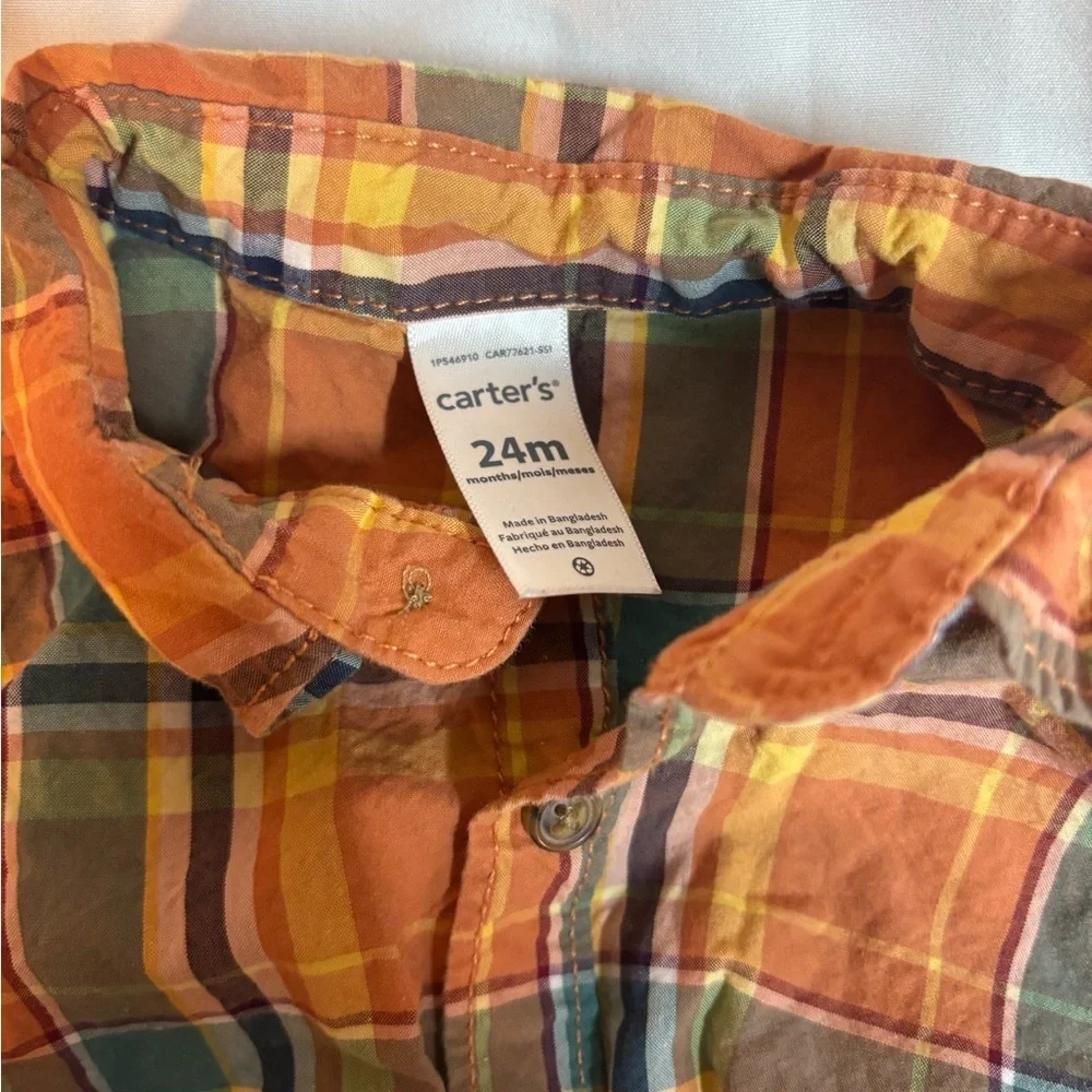 Carter's Orange and Blue Plaid Button Down Shirt size 24 months